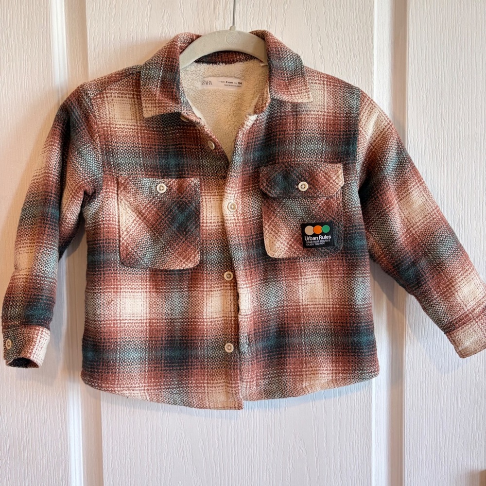 Zara Kids Plaid Sherpa Lined Shacket 4T 104 Brown Teal Urban Rules Flannel